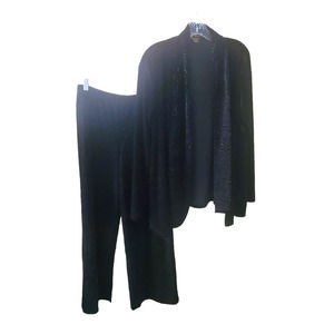 Mirasol Black Velvet Rose Embossed Wide Leg Open Front Jacket Pantsuit Sz L